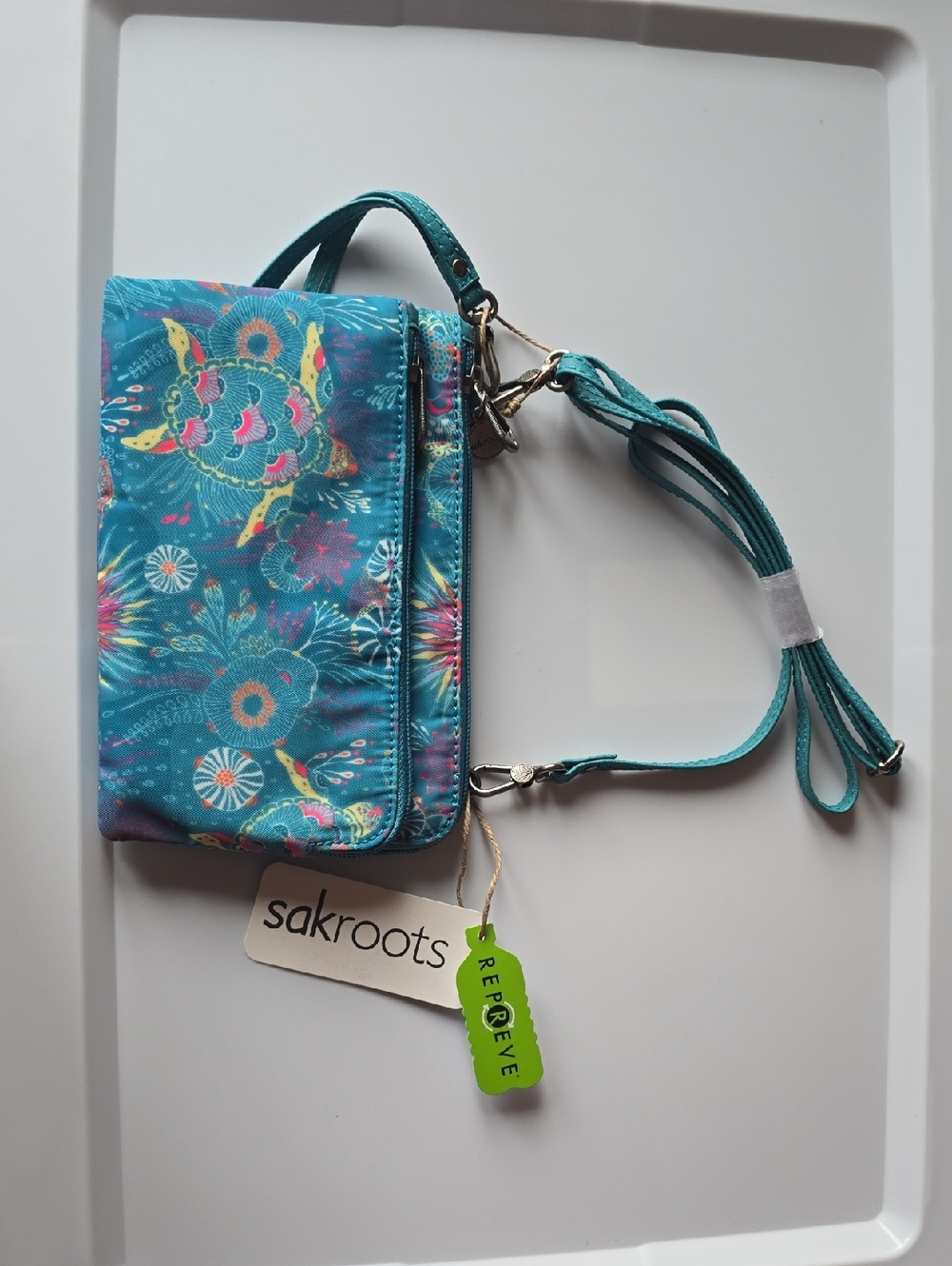 Sakroots Teal Multicolor Floral/Turtle Print Convertible Crossbody Bag